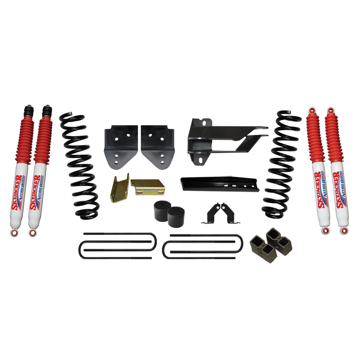 Skyjacker Suspension Lift Kit w/Shock 4 Inch Lift 17-19 Ford F-350 Super Duty Incl. Front Coil Springs Bump Stop Spacer Relocation Brackets Rear Lift Block U-Bolts Brake Line Extension Bracket Nitro 8000 Shock - F17451K3-N