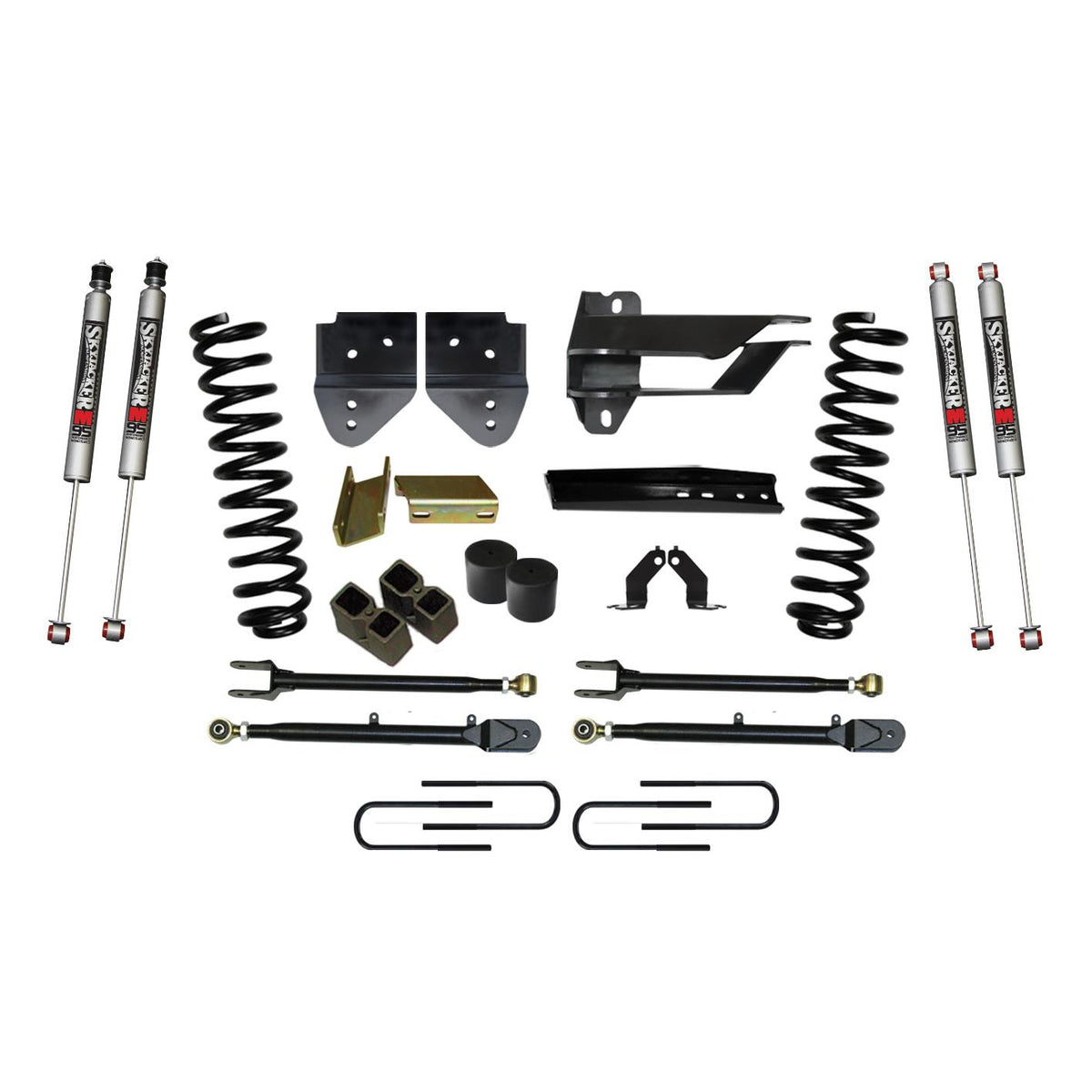 Skyjacker Suspension Lift Kit w/Shock 4 Inch Lift w/Adjustable 4-Links 17-19 Ford F-250 Super Duty Incl. Front Coil Springs Blocks U-Bolts Bump Stop Spacers Upper/Lower Radius Arms M9500 Monotube Shock - F174524K-M