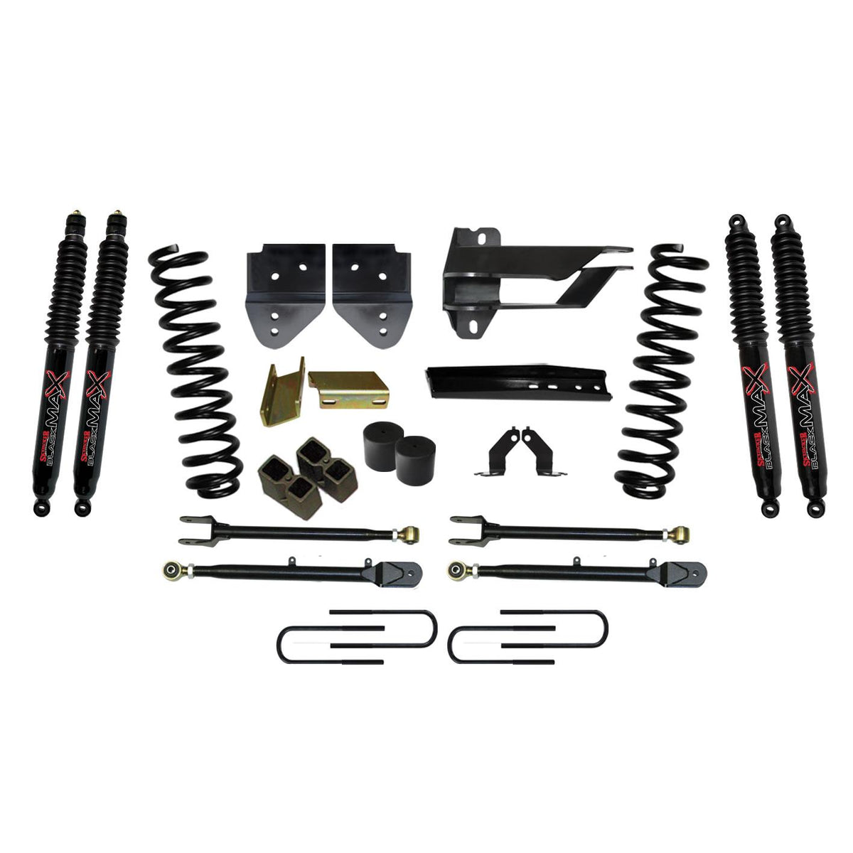 Skyjacker Suspension Lift Kit w/Shock 4 Inch Lift w/Adjustable 4-Links 17-19 Ford F-350 Super Duty Incl. Front Coil Springs U-Bolts Bump Stop Spacers Radius Arms Lowering Brackets Black Max Nitro 8500 Shocks - F174524K3-B