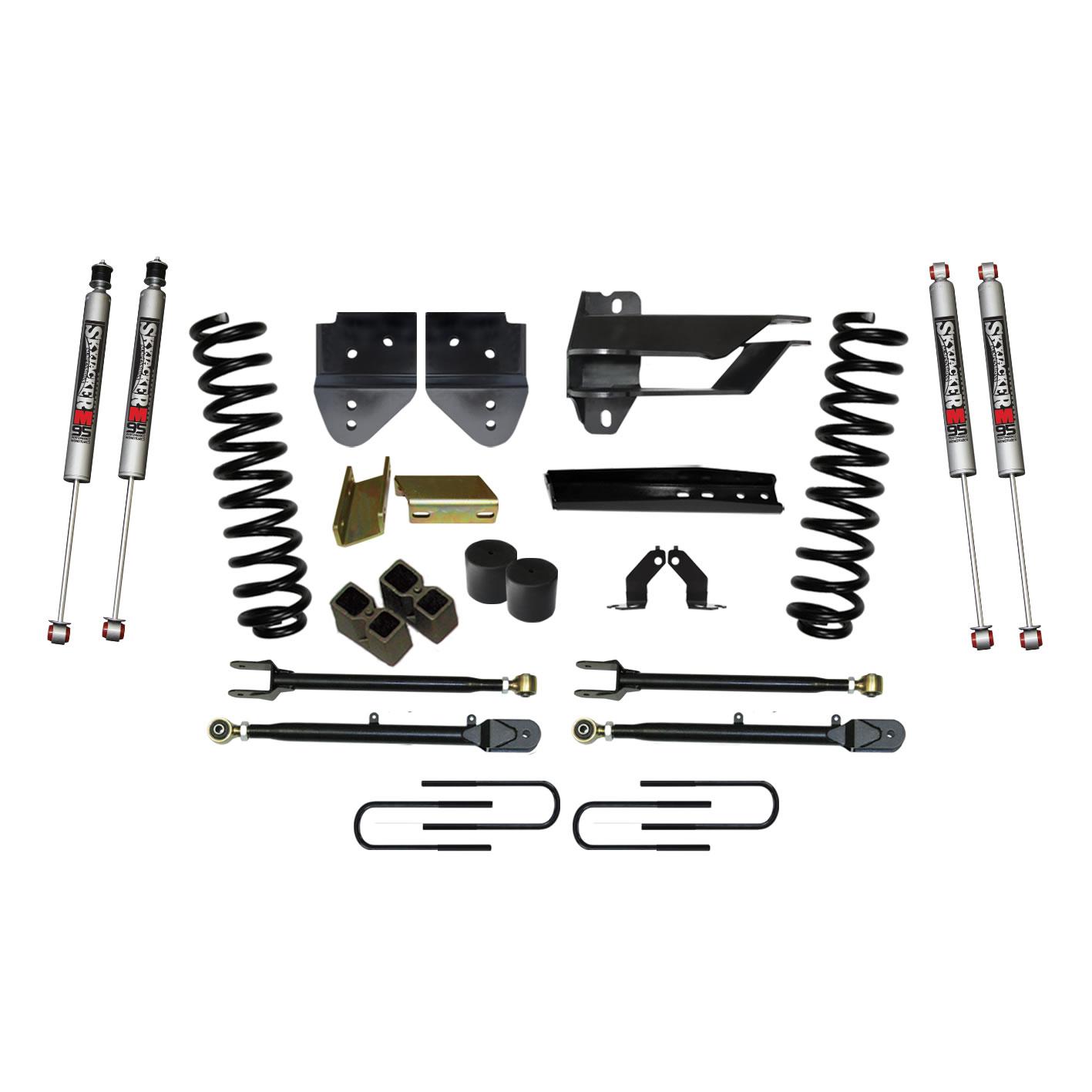 Skyjacker Suspension Lift Kit w/Shock 4 Inch Lift w/Adjustable 4-Links 17-19 Ford F-350 Super Duty Incl. Front Coil Springs Blocks U-Bolts Bump Stop Spacers Upper/Lower Radius Arms M9500 Monotube Shock - F174524K3-M