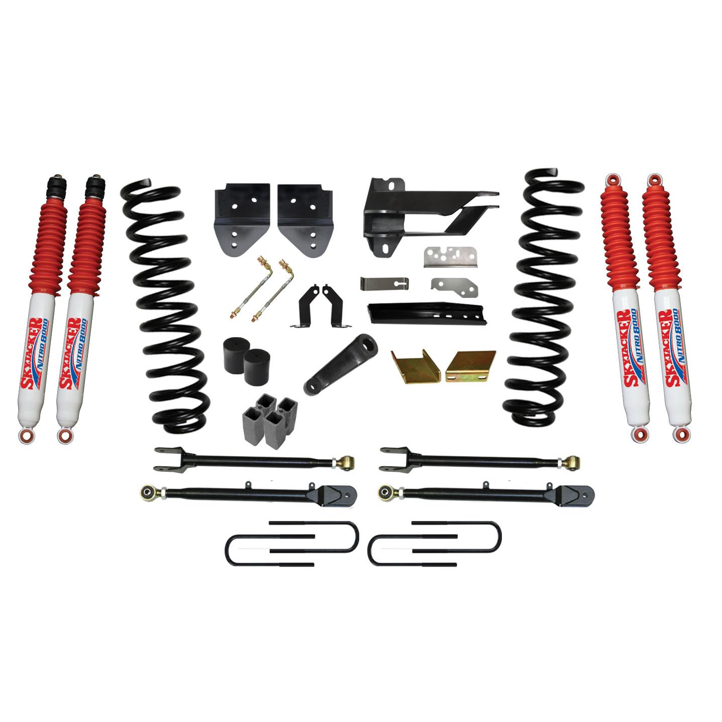 Skyjacker Lift Kit 6 Inch Lift w/Adjustable 4-Links 17-19 Ford F-250 Super Duty Includes Front Coil Springs U-Bolts Bump Stop Spacers Upper/Lower Radius Arms Lowering Brackets Nitro 8000 Shocks - F176024K-N