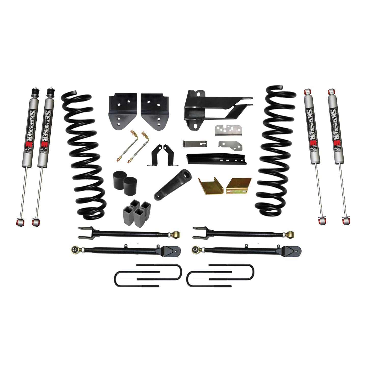 Skyjacker Suspension Lift Kit w/Shock 6 Inch Lift w/Adjustable 4-Links 17-19 Ford F-250 Super Duty Incl. Front Coil Springs U-Bolts Bump Stop Spacers Radius Arms Lowering Brackets M9500 Monotube Shocks - F176524K-M