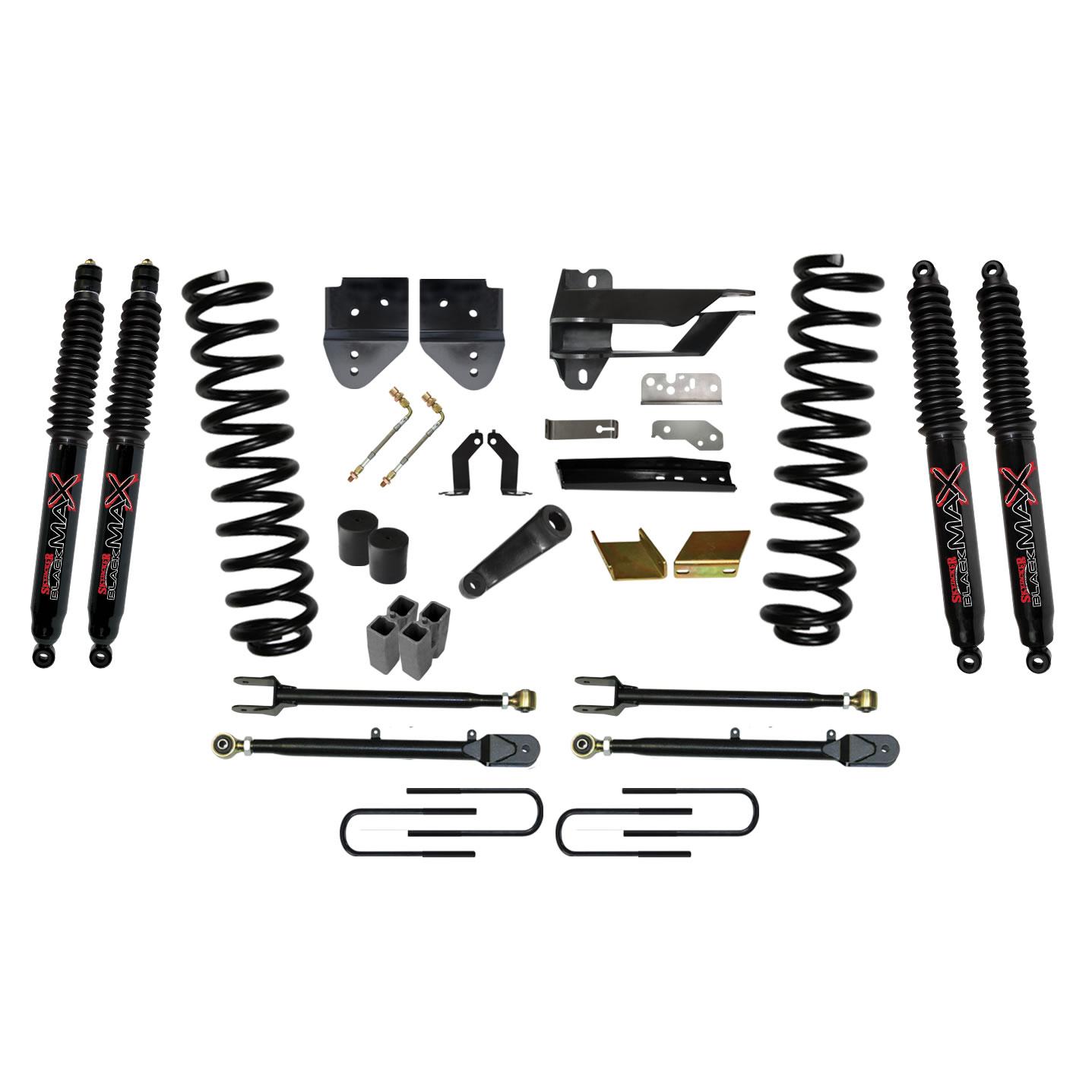 Skyjacker Suspension Lift Kit w/Shock 6 Inch Lift w/Adjustable 4-Links 17-19 Ford F-350 Super Duty Incl. Front Coil Springs U-Bolts Bump Stop Spacers Radius Arms Lowering Brackets Black Max 8500 Shocks - F176524K3-B