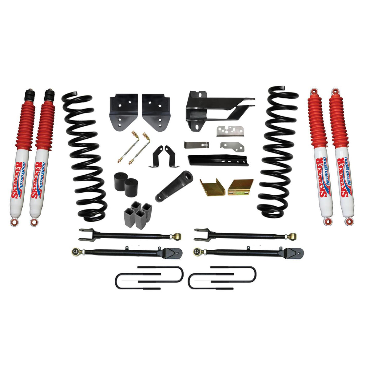 Skyjacker Suspension Lift Kit w/Shock 6 Inch Lift w/Adjustable 4-Links 17-19 Ford F-350 Super Duty Incl. Front Coil Springs U-Bolts Bump Stop Spacers Upper/Lower Radius Arms Lowering Brackets Nitro 8000 Shocks - F176524K3-N