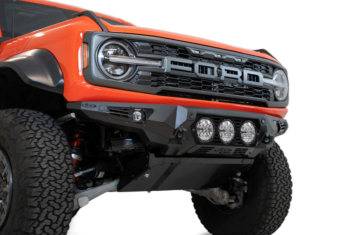 Addictive Desert Designs Ford Bronco Raptor 2022 - up Bomber Front Bumper 3 Rigid 360 Mounts and Dually Mounts on Sides in Hammer Black with Satin Black panels - F260014130103