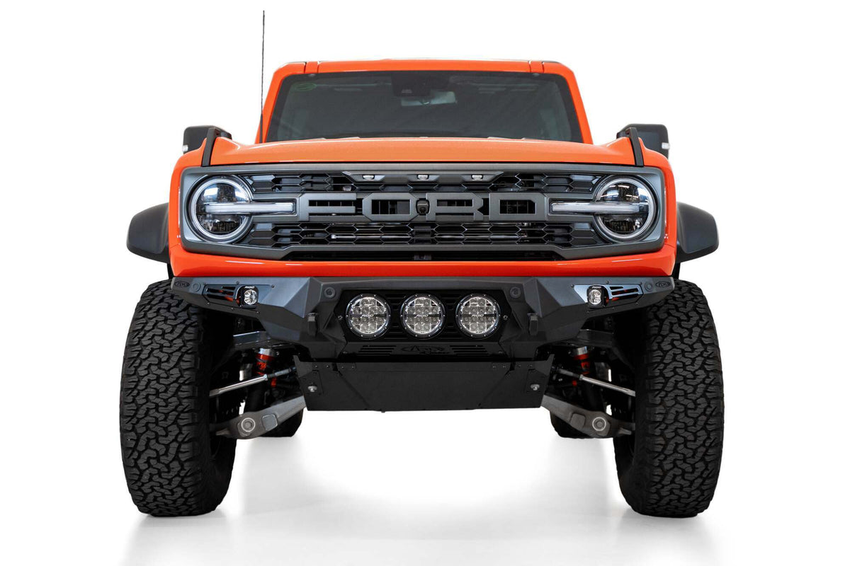 Addictive Desert Designs Ford Bronco Raptor 2022 - up Bomber Front Bumper 3 Rigid 360 Mounts and Dually Mounts on Sides in Hammer Black with Satin Black panels - F260014130103