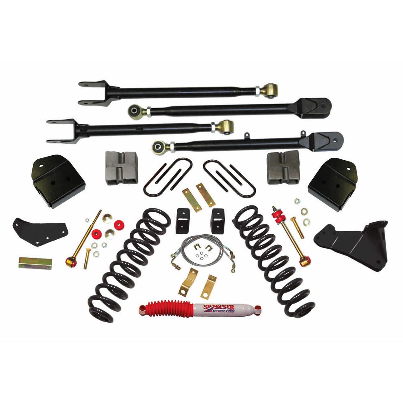 Skyjacker Lift Kit 4 Inch Lift 4-Link Conversion 05-07 Ford F-250 Super Duty Includes Front Softride Coil Springs Track Bar Radius Arm Drop Bracket Single Steering Stabilizer - F54024K