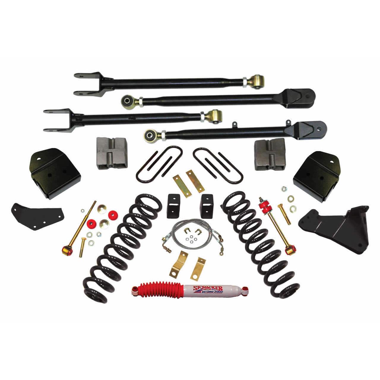 Skyjacker Lift Kit 4 Inch Lift 4-Link Conversion 05-07 Ford F-250 Super Duty Includes Front Variable Coil Springs Track Bar Radius Arm Drop Bracket Single Steering Stabilizer - F54524K