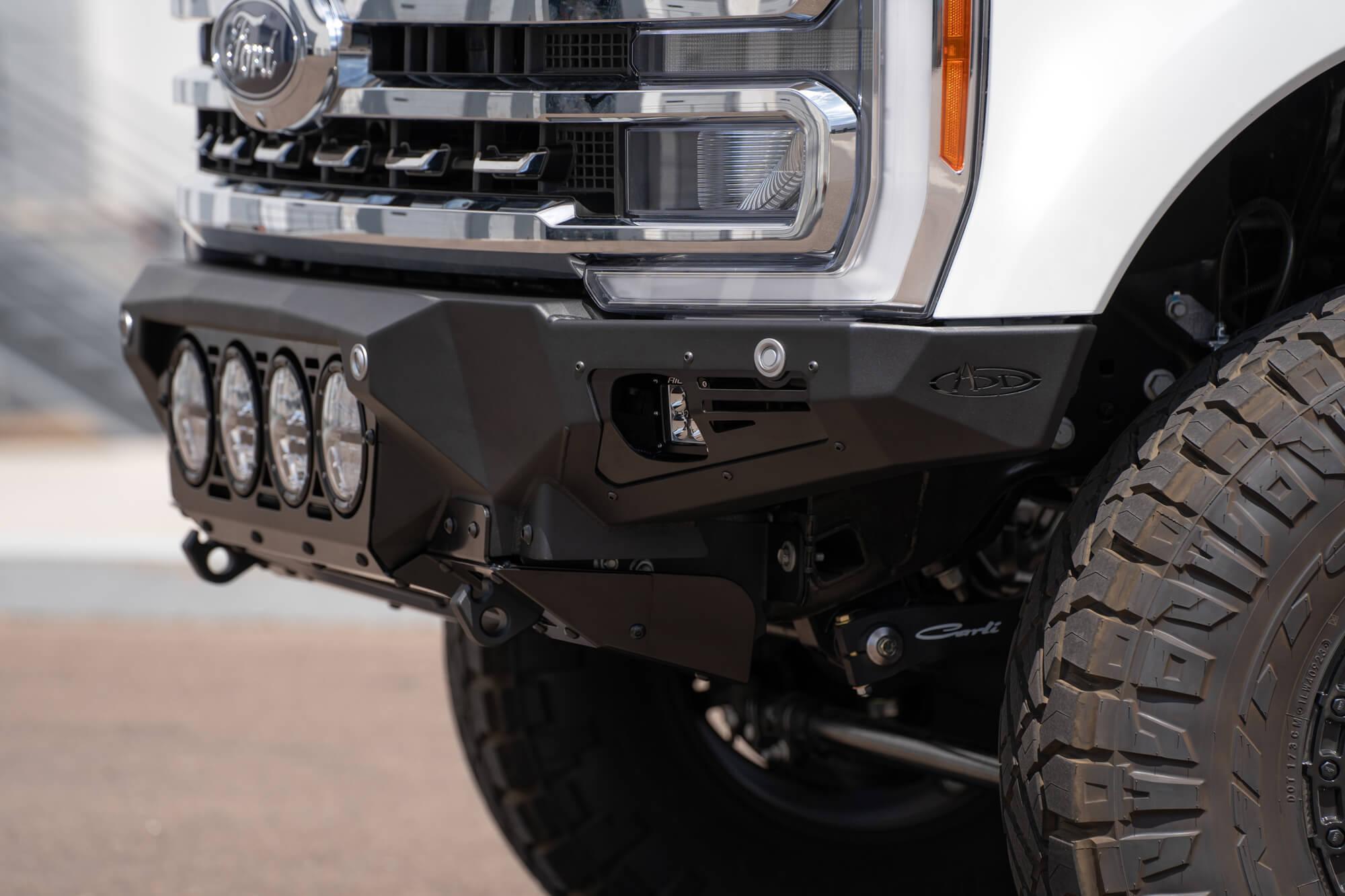 Addictive Desert Designs 2023-Up Ford Super Duty F250 - Bomber Front Bumper 4 Rigid 360 6" Mounts And Dually Mounts On Sides In Hammer Black With Satin Black Panels - F810014110103