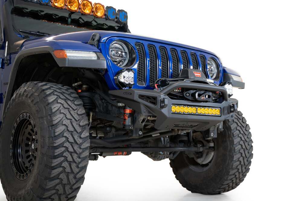 Addictive Desert Designs Jeep JL 2018 - Up Rock Fighter Front Bumper With Mounts For 5 Cube Lights or 20" Universal Light Bar In Hammer Black with Satin Black panels - F964900010103
