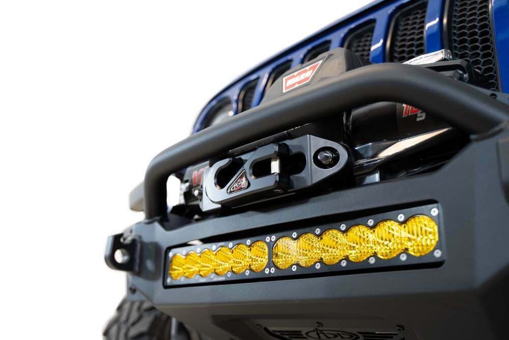 Addictive Desert Designs Jeep JL 2018 - Up Rock Fighter Front Bumper With Mounts For 5 Cube Lights or 20" Universal Light Bar In Hammer Black with Satin Black panels - F964900010103