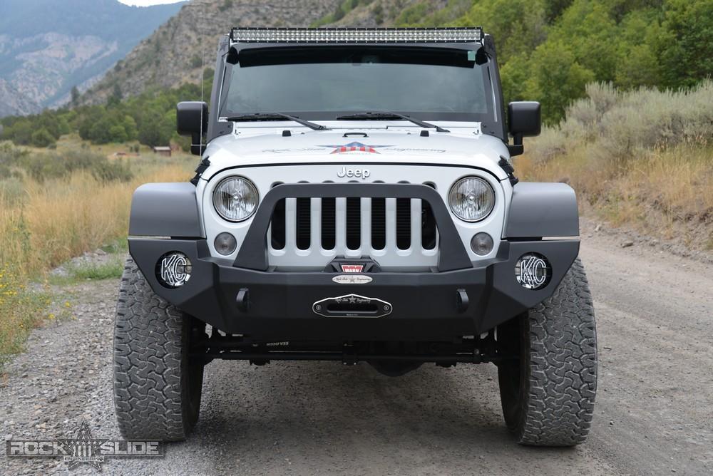 Rock Slide Engineering Jeep JK Full Front Bumper For 07-18 Wrangler JK With Winch Plate Bull Bar Black Powdercoated Rigid Series (2007-2018 Wrangler, Wrangler JK) - FB-F-100-JK