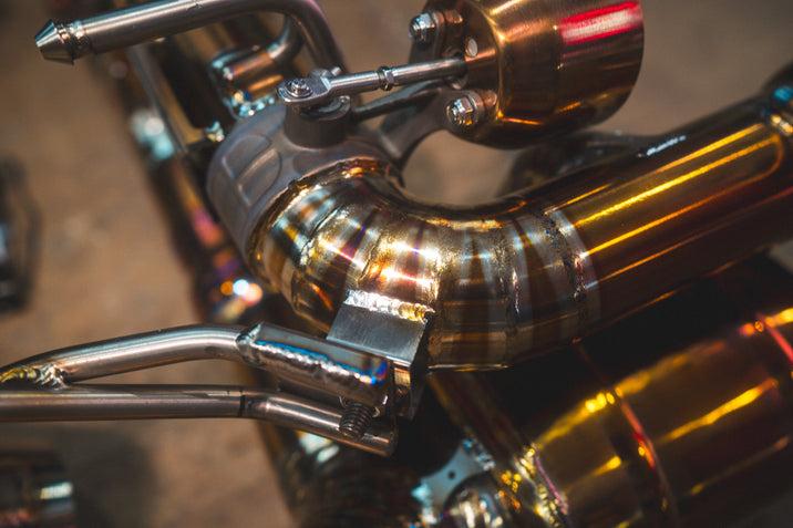 Valvetronic Designs 2013-2015 Ferrari 458 Speciale 4.5L Full Exhaust System With Free Flow Headers 200 Cell Free Flow Pipes, Grade 5 Titanium Bespoke OEM Style Valvetronic Tips - FER.458S.VSES.2CCH.TI