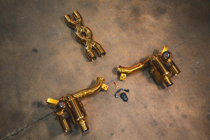 Valvetronic Designs 2016-2020 Ferrari GTC 4 Lusso 6.3L Full Exhaust System, T304 Stainless Steel Finished in Anodized Gold Bespoke OEM Style Tips - FER.GTC4.VSES.FF.AG