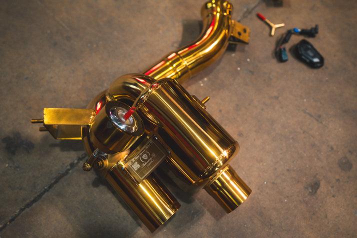 Valvetronic Designs 2016-2020 Ferrari GTC 4 Lusso 6.3L Full Exhaust System, T304 Stainless Steel Finished in Anodized Gold Bespoke OEM Style Tips - FER.GTC4.VSES.FF.AG