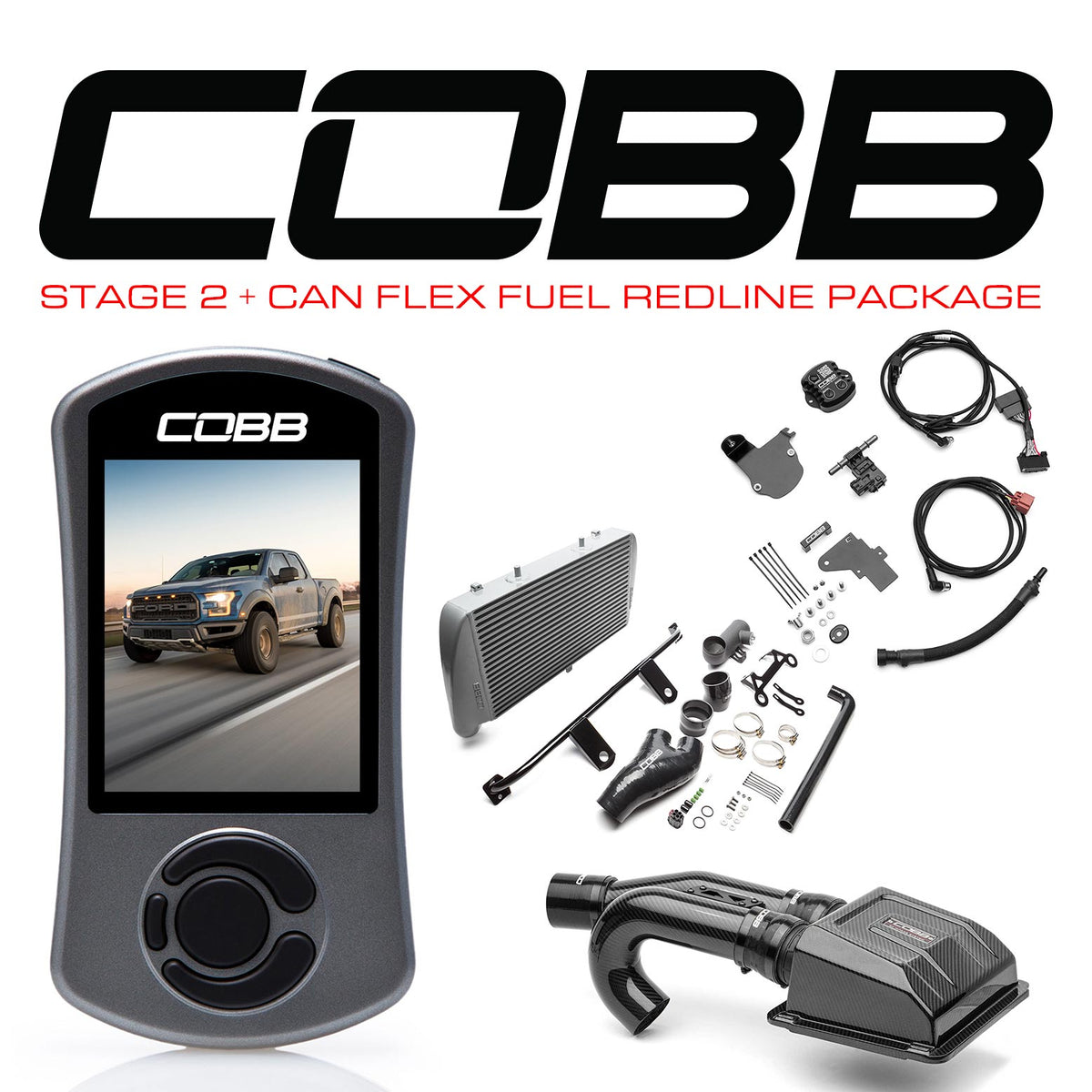 Cobb 17-20 Ford F-150 Ecoboost Raptor w/TCM Stage 2+ CAN Flex Fuel Redline CF Power Package - Silver