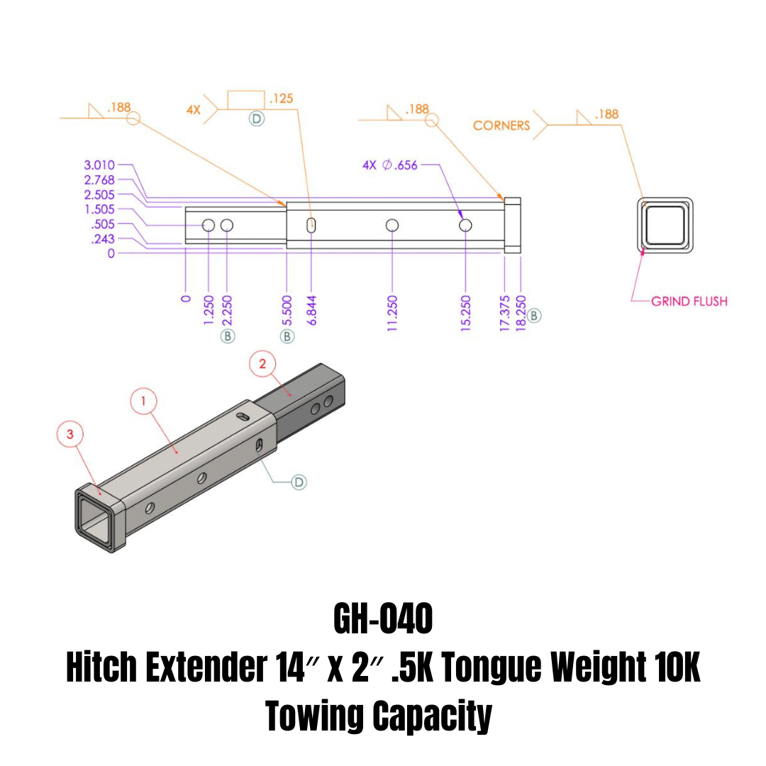 Gen-Y Hitch GH-040 Hitch Extender 14" x 2" .5K TW 10K Towing - GH-040