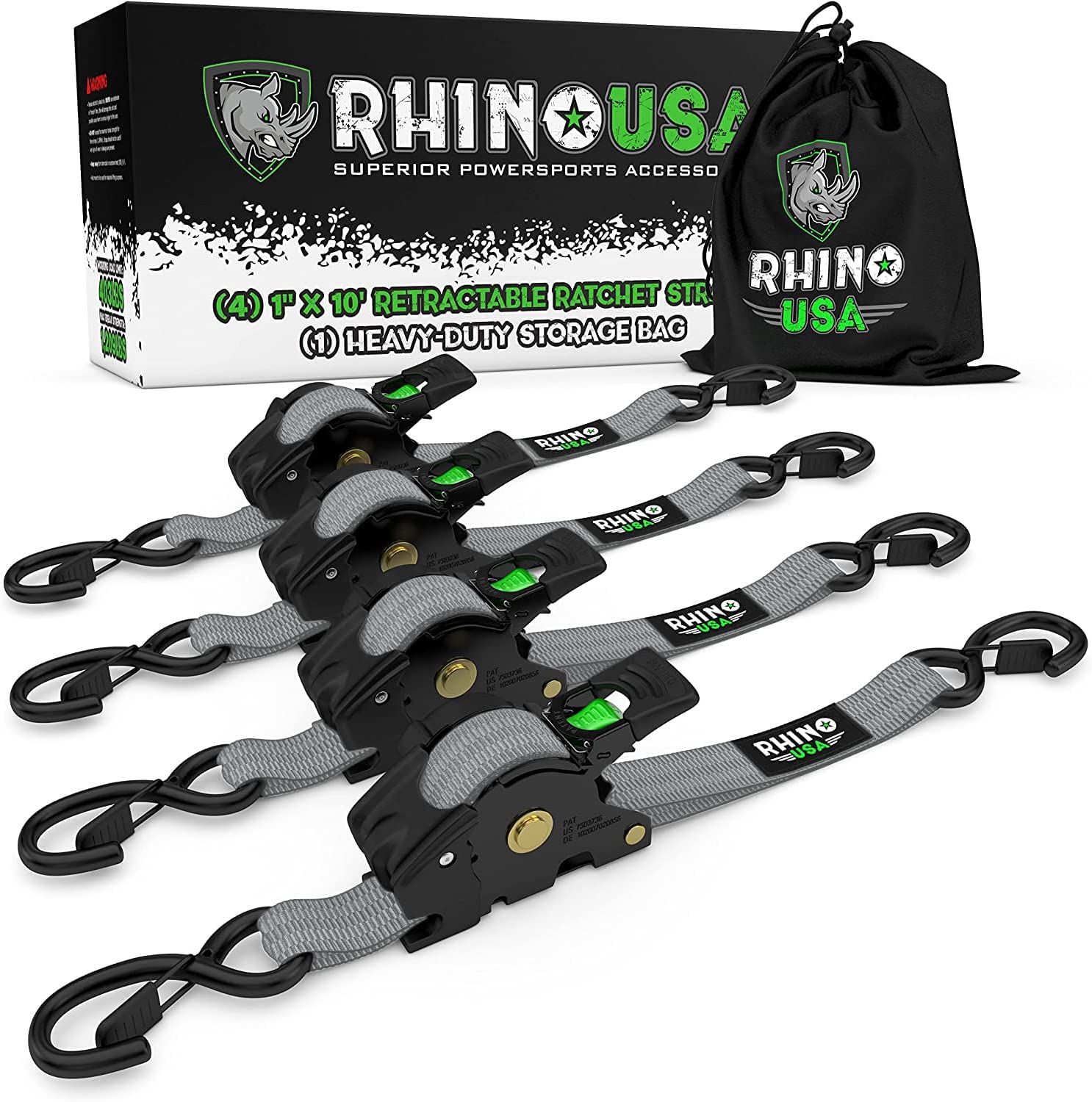 Rhino USA Rhino Usa Retractable Ratchet Straps (4Pk 1Inx10Ft) (Gray) - TD-RSRE1X10-GRY