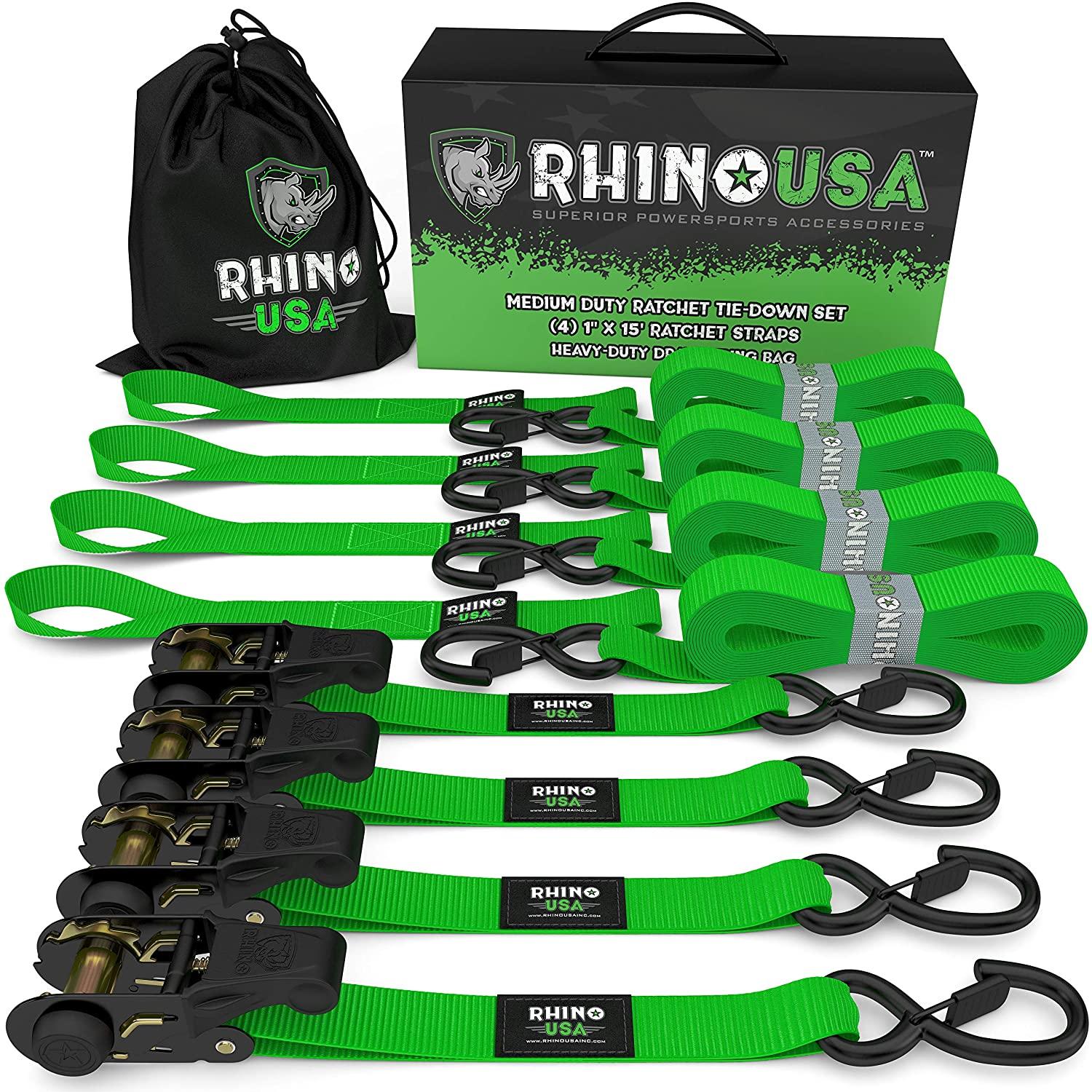 Rhino USA Rhino Usa Medium Duty Ratchet Strap Tie-Down 4-Pack (Green) - RCHT-4PACK-GRN