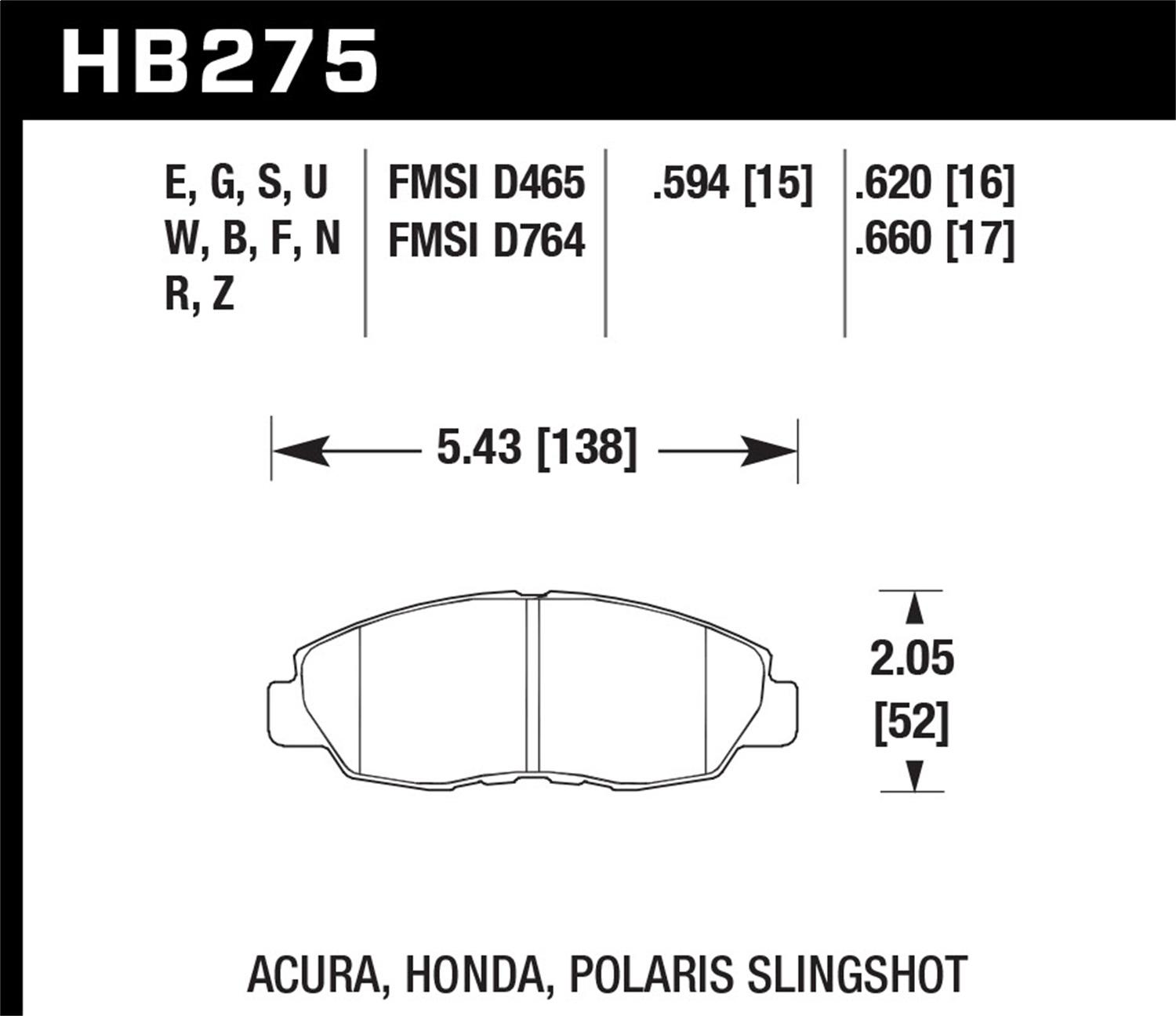 Hawk Motorsports Brake Pads (1997-1999 CL,1990-2002 Accord,1996-2015 Civic,2010-2014 Insight) - HB275U.620