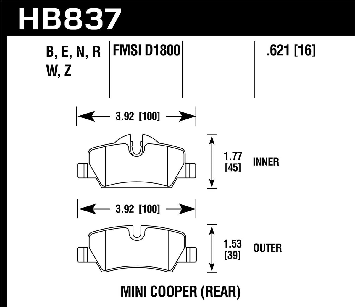 Hawk Street Brake Pads (2014-2017 Cooper) - HB837N.621