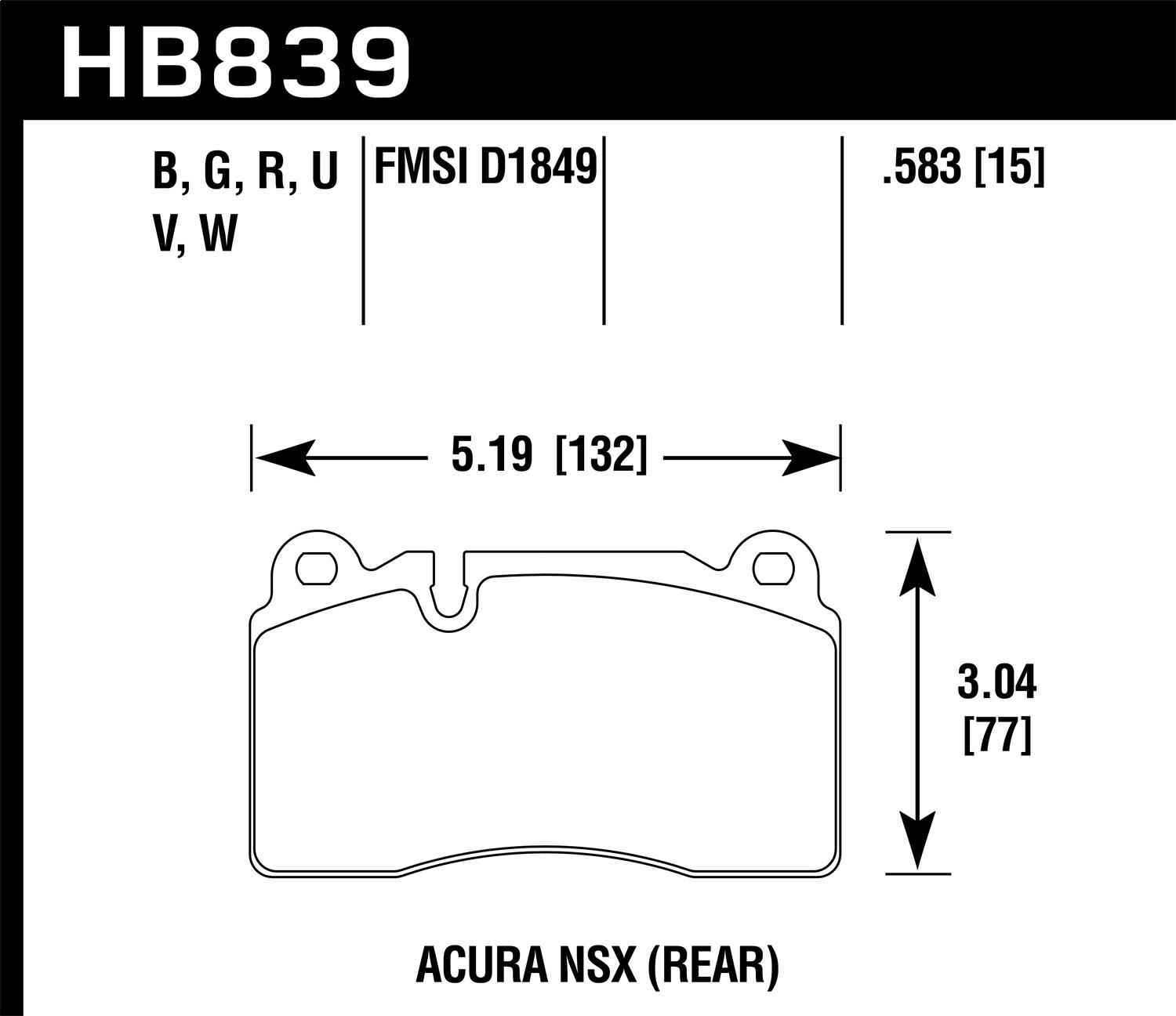 Hawk Motorsports Brake Pads (2016-2016 Viper,2017-2017 NSX) - HB839U.583
