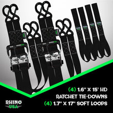 Rhino USA 1.6" X 15' Rhino Usa Heavy Duty Ratchet Tie-Down 4-Pack Black - TD-GC1.6X15-BLK