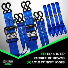 Rhino USA 1.6" X 15' Rhino Usa Heavy Duty Ratchet Tie-Down 4-Pack Blue - TD-GC1.6X15-BLU