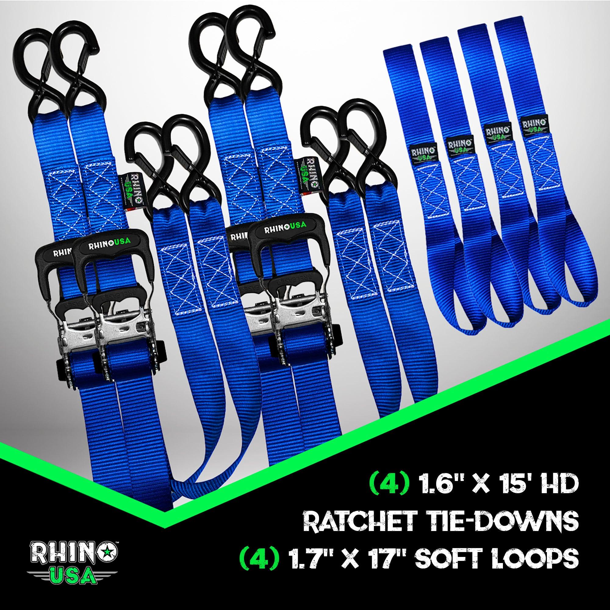 Rhino USA 1.6" X 15' Rhino Usa Heavy Duty Ratchet Tie-Down 4-Pack Blue - TD-GC1.6X15-BLU