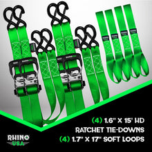 Rhino USA 1.6" X 15' Rhino Usa Heavy Duty Ratchet Tie-Down 4-Pack Green - TD-GC1.6X15-GRN