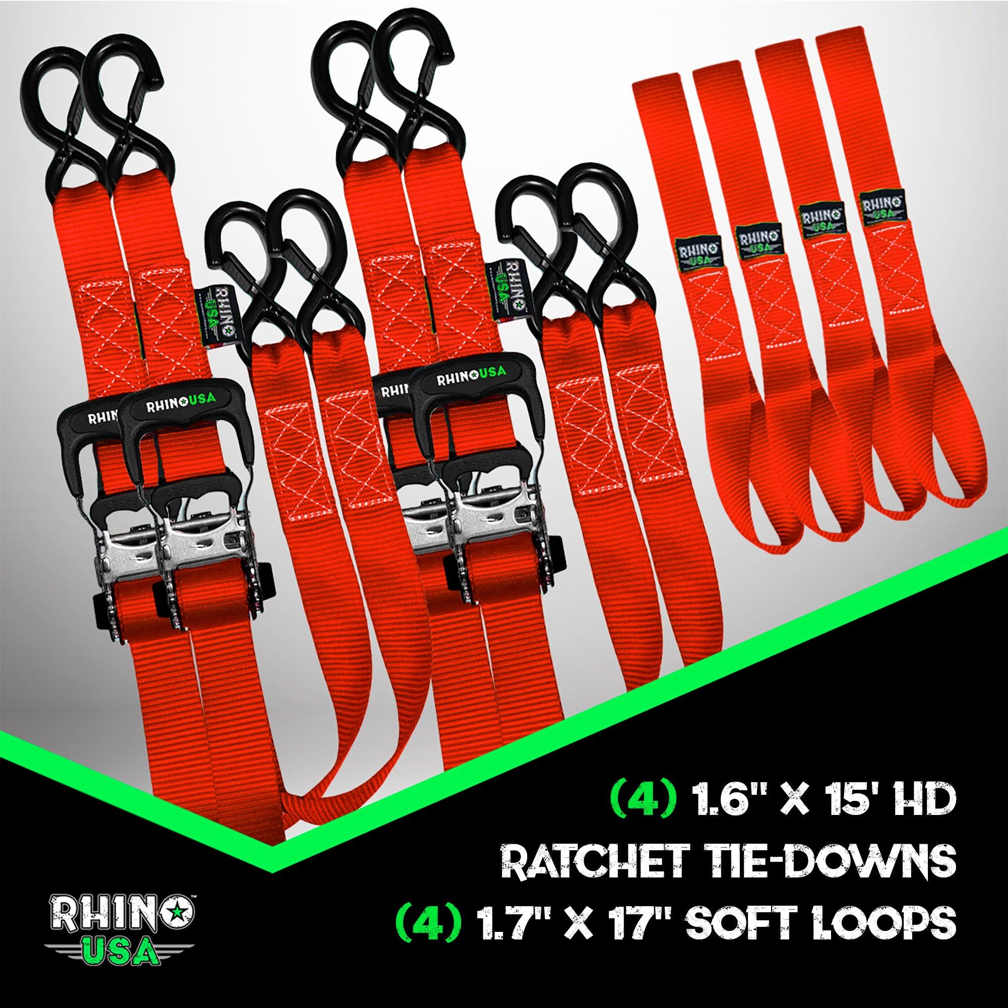Rhino USA 1.6" X 15' Rhino Usa Heavy Duty Ratchet Tie-Down 4-Pack Red - TD-GC1.6X15-RED