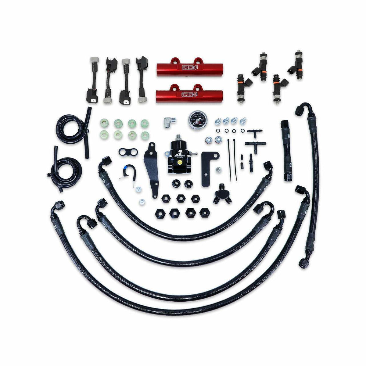 IAG Performance Ptfe Fuel System Kit W/ Fic Injectors, Aeromotive Fpr, Iag Fuel Rails (Black) - IAG-AFD-2330RD