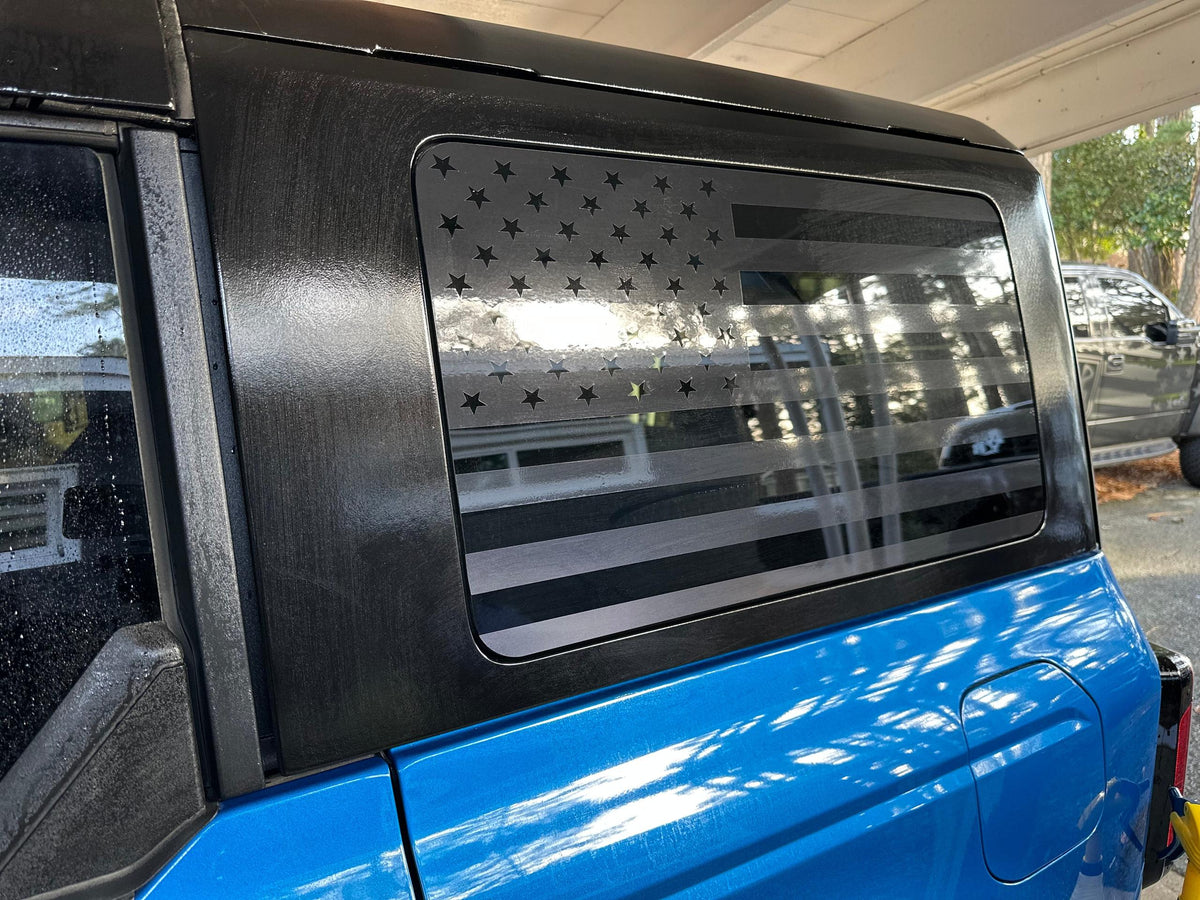 Anchor Room Quarter Window American Flag - Black Reflective (+$30.00) , Distressed / Tattered(2021-2025 Bronco) - 21FB_QWF_BR