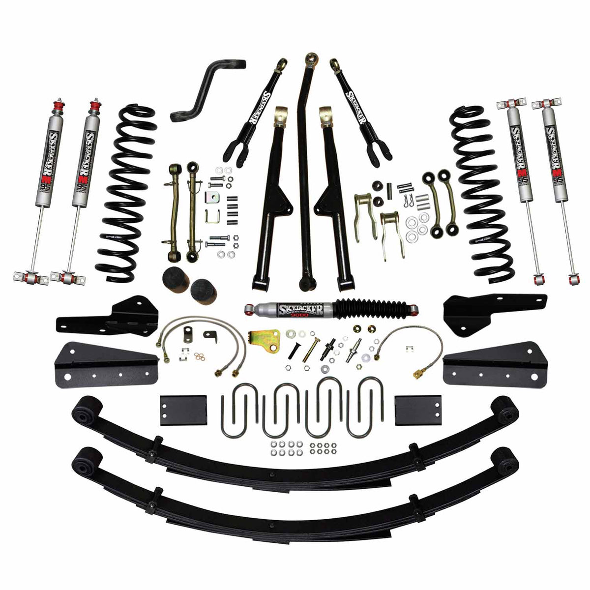 Skyjacker 6 In Lift Sys 84-01 Cherokee XJ W/Front DR/LT Coil Springs Pitman Arm Bump Stop Spacers Lower and Upper Adjust Control Arms Sway Bar End Links Adjust Track Bar Brakelines Shackles U-bolts Rear Leaf Springs M95 Monotube Shocks Skyjacker (1984-200