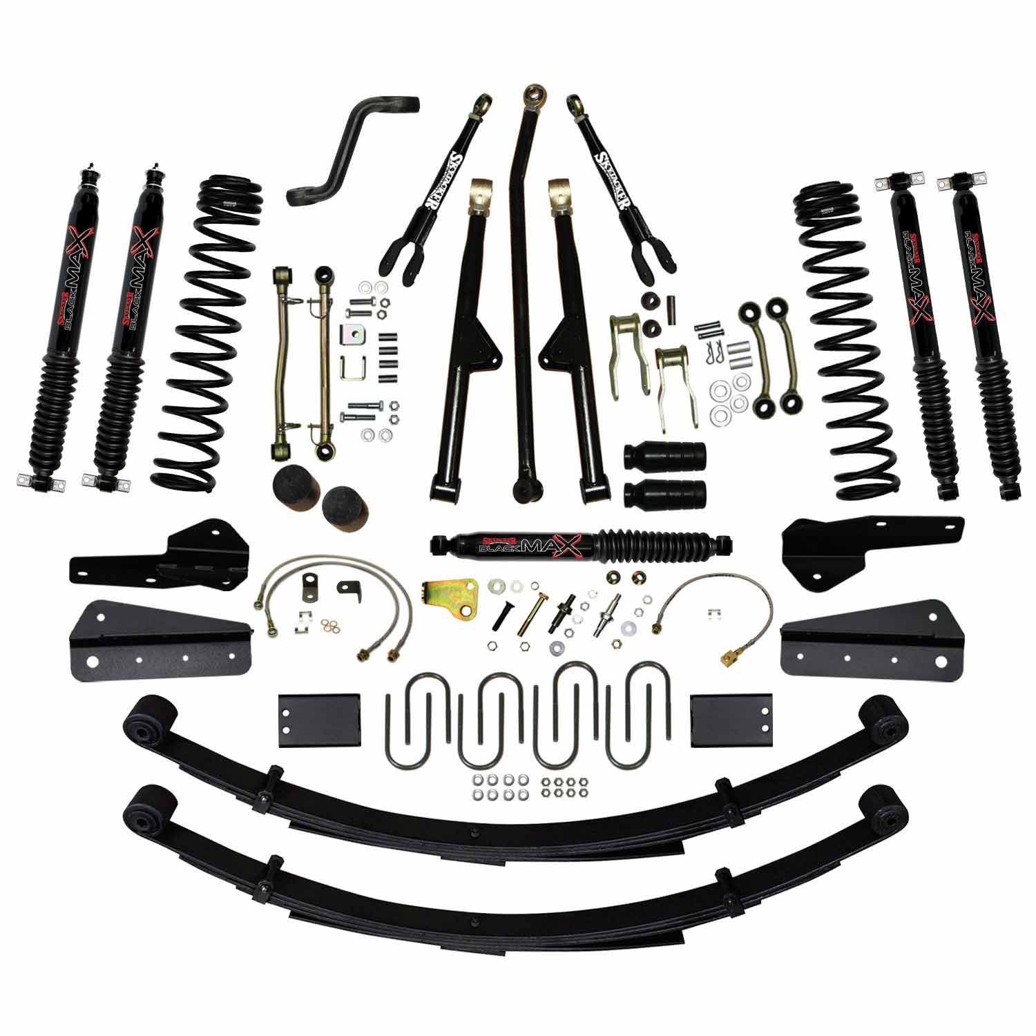 Skyjacker 8 In Lift Sys 84-01 Cherokee XJ W/Front DR/LT Coil Springs Pitman Arm Bump Stop Spacers Lower and Upper Adjust Control Arms Sway Bar End Links Adjust Track Bar Brakelines Shackles U-bolts Rear Leaf Springs Black Max Shocks Skyjacker (1984-2001 C