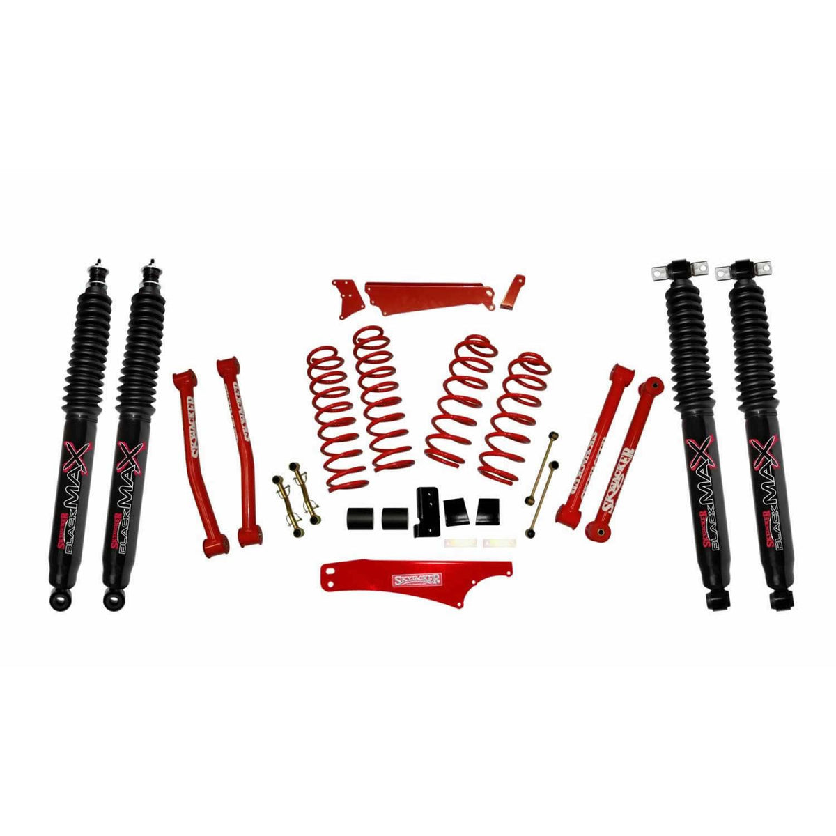 Skyjacker Suspension Lift Kit 07-18 Wrangler JK w/Shock Black MAX Shocks 4 - 5 Inch Lift Incl. Front/Rear Track Bar Brace Front/Rear Springs Lower Links Brake Line Bracket Red Powder Coated - JK401KCR-B