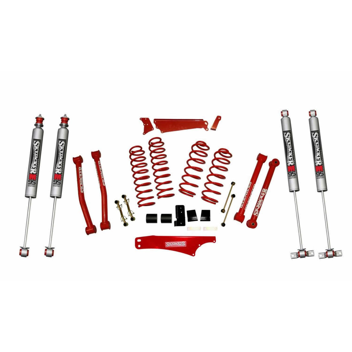Skyjacker Suspension Lift Kit 07-18 Wrangler JK w/Shock M95 Performance Shocks 4 - 5 Inch Lift Incl. Front/Rear Track Bar Brace Front/Rear Springs Lower Links Brake Line Bracket Red Powder Coated - JK401KCR-M