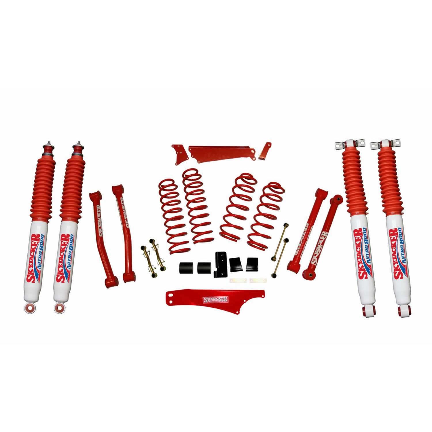Skyjacker Suspension Lift Kit 07-18 Wrangler JK w/Shock Nitro Shocks 4 - 5 Inch Lift Incl. Front/Rear Track Bar Brace Front/Rear Springs Lower Links Brake Line Bracket Red Powder Coated - JK401KCR-N