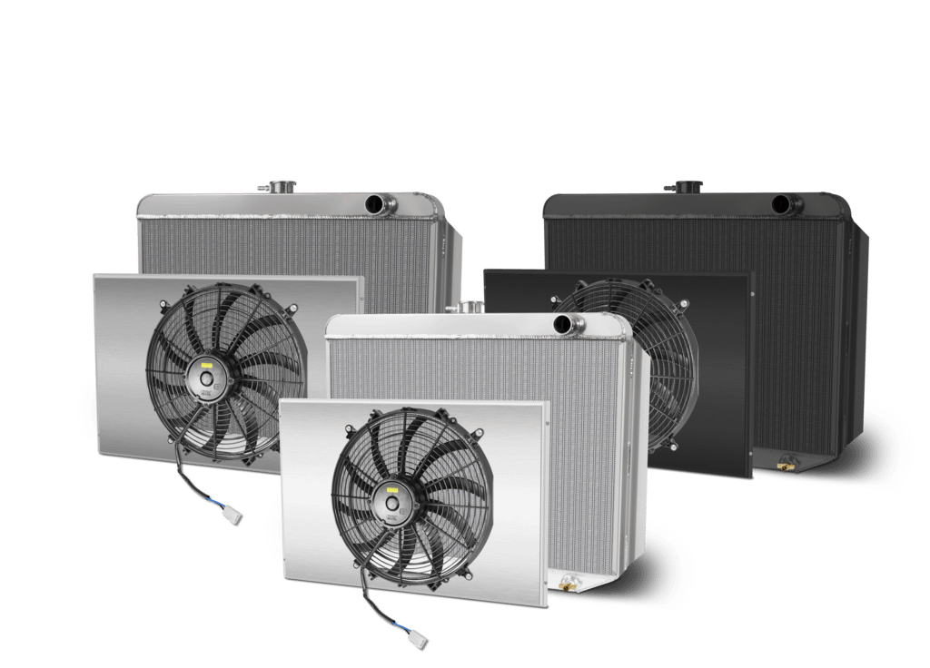 AFCO Aluminum Radiator 22.25 Inch X 22 Inch Mopar A, B & E Body Driver's Side Inlet Dual Fan & Shroud Kit Black W/O Cooler AFCO - 84296-B-SP-N