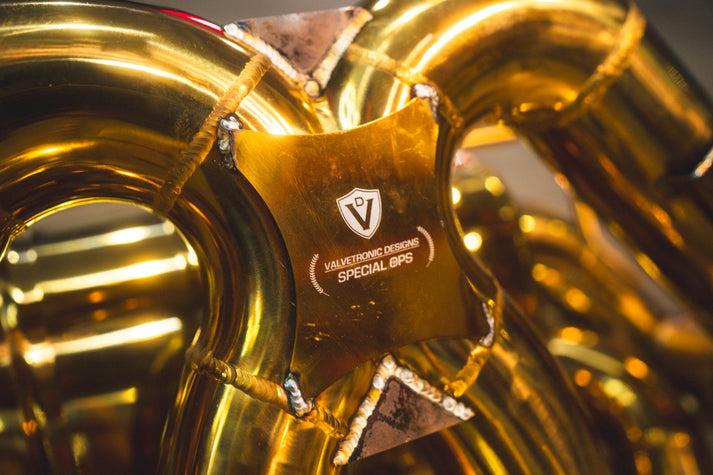Valvetronic Designs 2011-2016 Lamborghini LP 740-4 6.5L Catback T304 Stainless Steel Finished in Anodized Gold, Reuses OEM Style Tips - LAM.LP740.VSES.AG