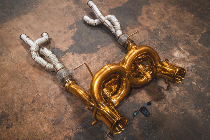 Valvetronic Designs 2018-2021Lamborghini Aventador SVJ 6.5L F1 Full Exhaust System, T304 Stainless Steel Finished in Anodized Gold, Bespoke OEM Style Valvetronic Tips - LAM.SVJ.F1.FF.AG