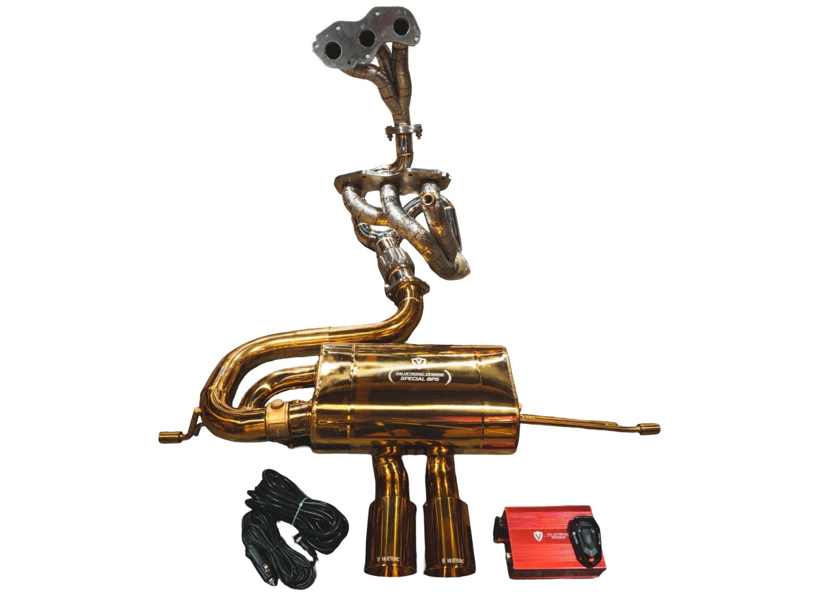 Valvetronic Designs Lotus Evora 3.5L, Full Exhaust System With Free Flow Headers, T304 Stainless Steel Finished in Anodized Gold, Gold 3.5 Inch Outlet Tips - LOT.EVOR.VSES.FFH.AG