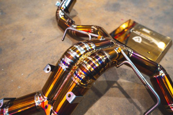 Valvetronic Designs 2015-2021 Mclaren 570S 3.8L, Full Exhaust System, Grade 5 Titanium Titanium Bespoke Slash Cut Style 4.0 Inch Valvetronic Tips - MAC.570S.F1.FF.TI