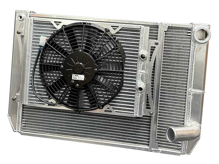 Fluidyne Super Late Model V2 3-Row Dual Pass Aluminum Radiator, Ford, Closed, with Oil Cooler and 11" SPAL Fan - MFD.SLM.CLOSEDV2