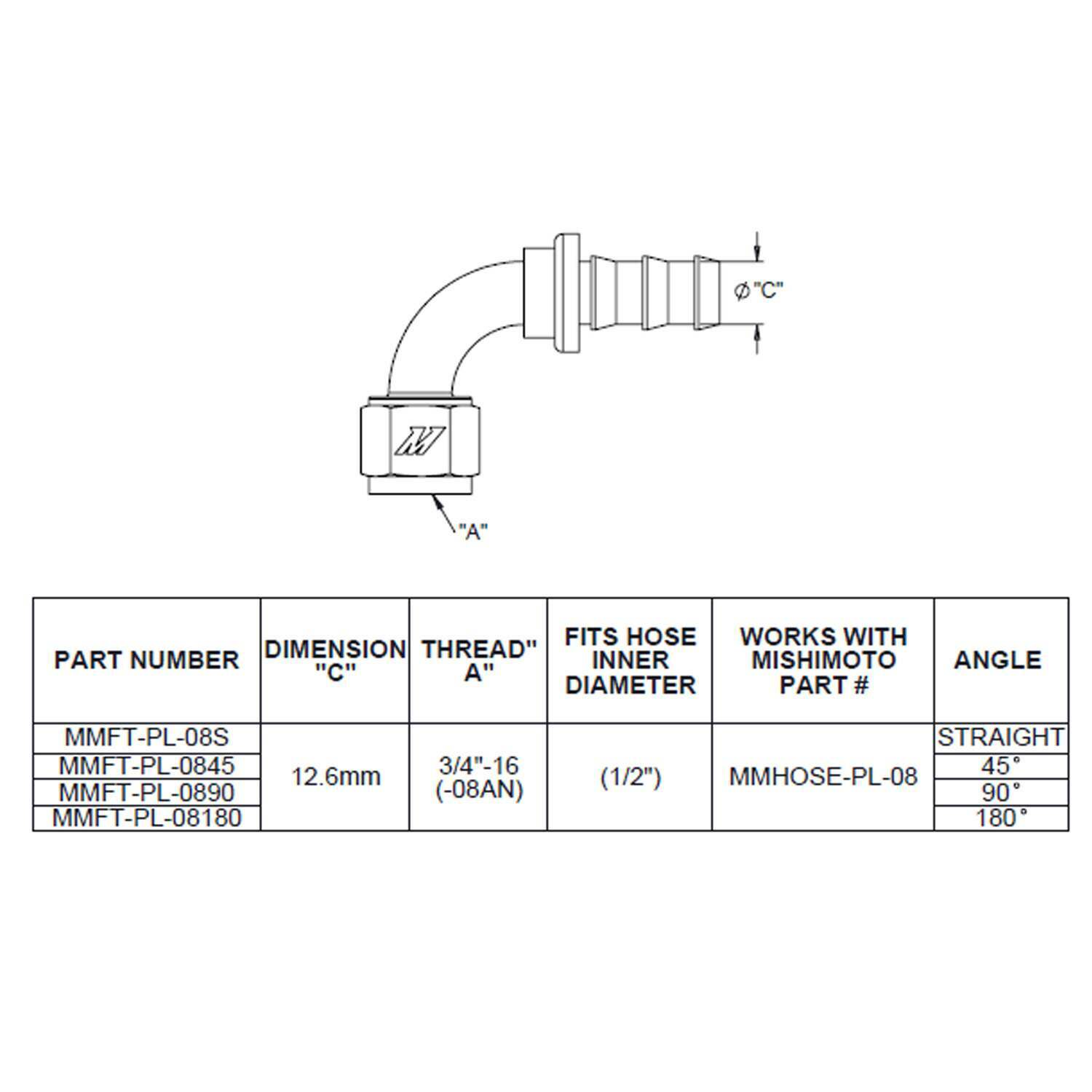 Mishimoto Push-Lock Fitting, -8An, 180-Degree - MMFT-PL-8180