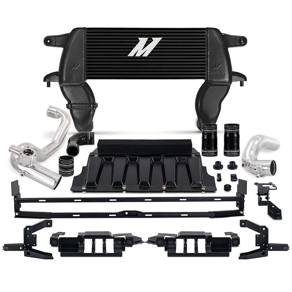 Mishimoto High-Mount Intercooler Kit, 2021+ Ford Bronco 2.3L, Black Core, Polished Pipes - MMINT-BR23-21HKBKP
