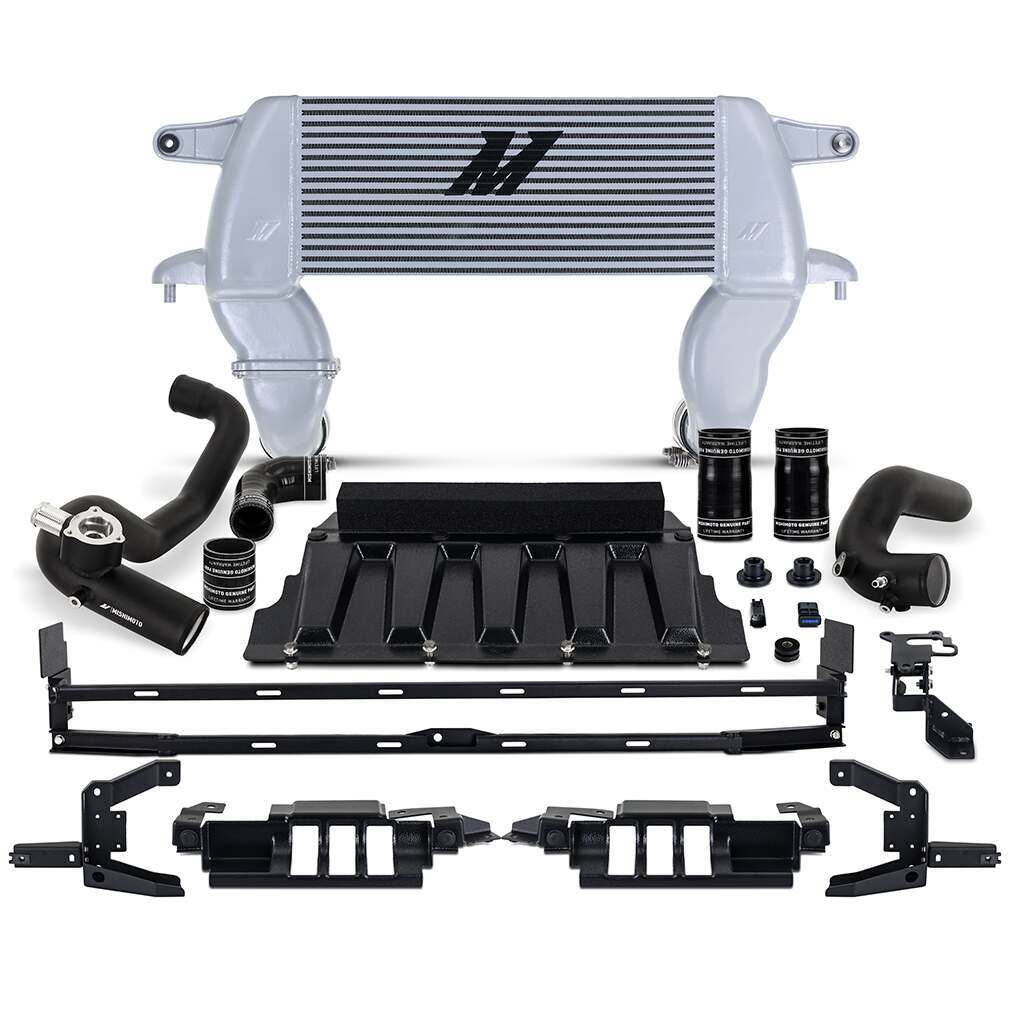 Mishimoto High-Mount Intercooler Kit, 2021+ Ford Bronco 2.3L, Silver Core, Black Pipes - MMINT-BR23-21HKSLBK