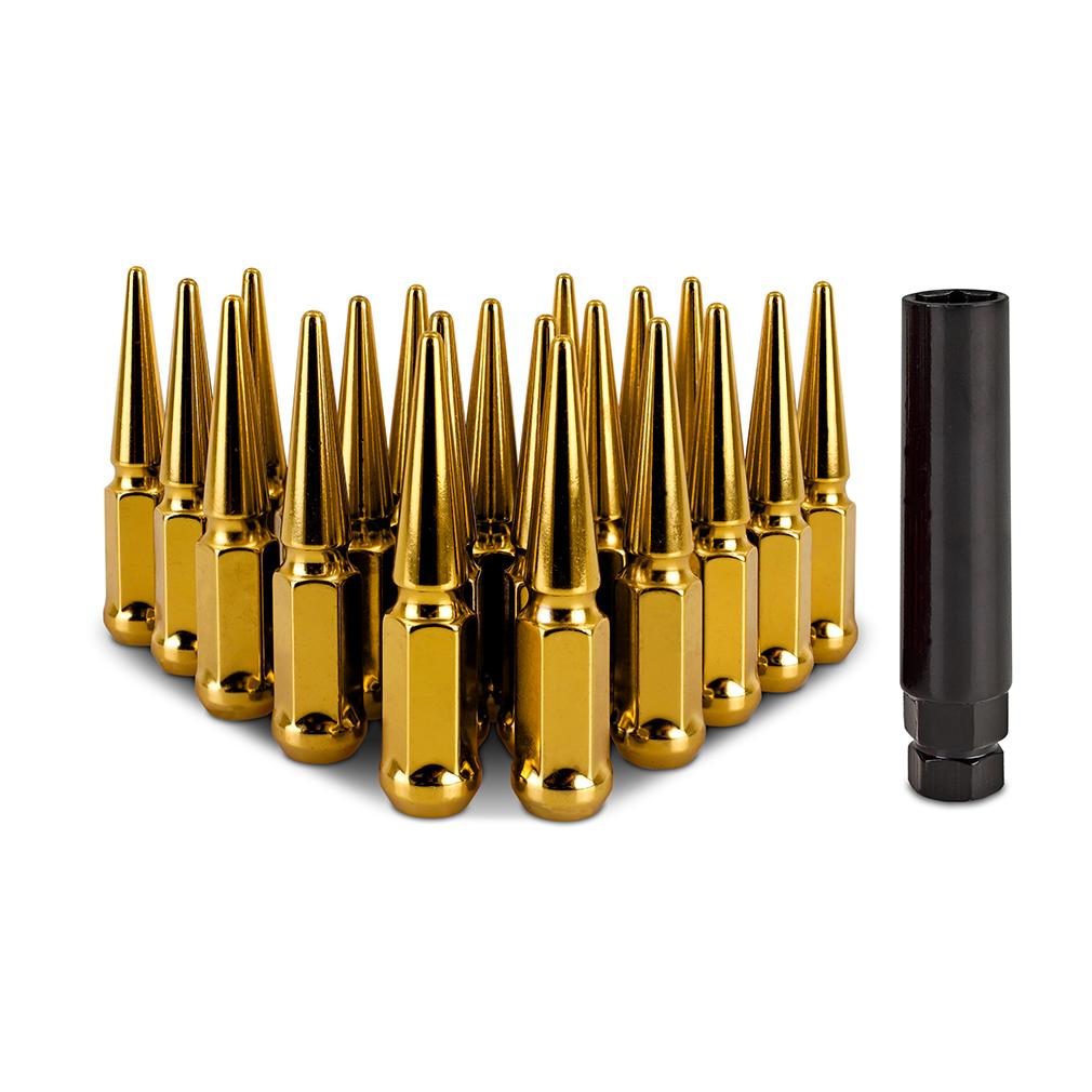 Mishimoto Spiked Lug Nuts M12X1.5 20-pc Set (1979-2024 Acura, BMW, Honda, Chevrolet, Toyota, Cadillac, Mercedes-Benz, Chrysler, Pontiac, GMC, Genesis, Dodge, Hyundai, Mazda, Mitsubishi Fitment) - MMLG-SP1215-20GD