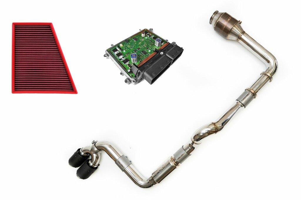 Fabspeed 2017+ Porsche 718 Boxster/Cayman RACE Performance Package with Brushed Stainless Steel Tips and ECU Tune. - FS.POR.718.RPKGEBR
