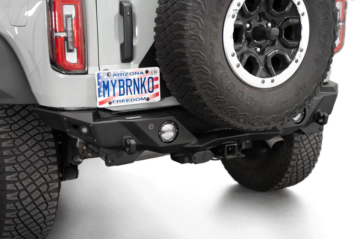 Addictive Desert Designs Ford Bronco 2021-Up Krawler Rear Bumper With Mounts For 2 Round Lights In Hammer Black With Satin Black Panels - R230210030103